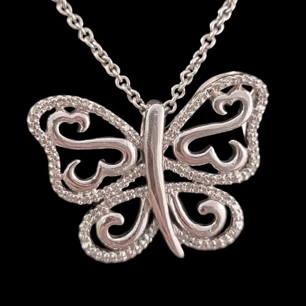 Sterling Silver Diamond Open Heart Butterfly Pendant …